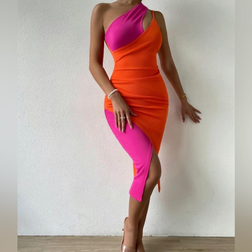 Bright Pink Orange One Shoulder Cut
Out Wrap Bodycon Asymmetric Dress, Small